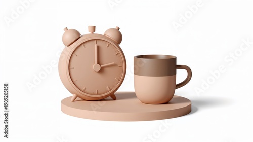Alarm clock and cup of coffee on a modern minimalist platform