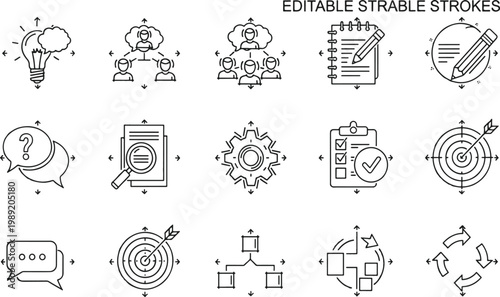 Collection of editable icons representing various brainstorming and planning concepts