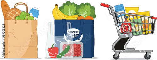 Grocery shopping vector set with paper bag, reusable tote, and metal cart. Fresh food products, organic vegetables, and supermarket supplies for retail and delivery concepts.