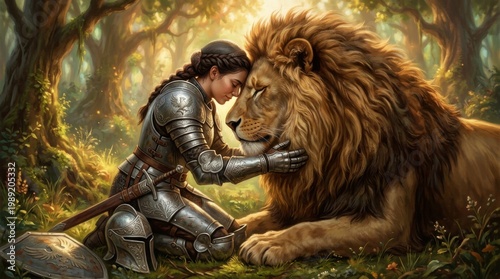 Cinematic illustration of a female knight and a majestic lion in the woods