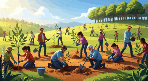 Community tree planting event with diverse volunteers, reforestation project in green landscape, people planting saplings for environmental conservation