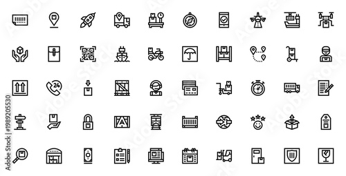 Shipping and delivery icon set. Vector logistics symbols pack. Includes barcode, truck, drone, cargo ship, package, tracking, warehouse, worldwide and more. Editable stroke.