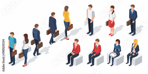 Isometric illustration of diverse business people waiting and seated in a row