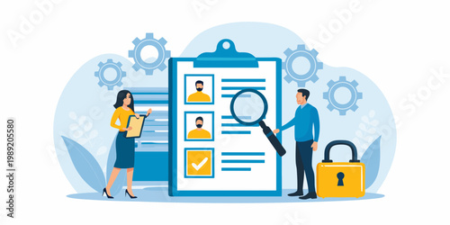 Recruitment process illustration featuring review of candidate profiles and data security