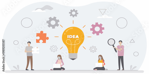 Illustration depicting a bright idea with people collaborating and problem solving