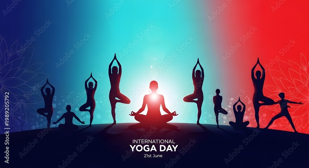 Obraz premium Happy yoga day celebrating wellness with silhouette yoga poses and vibrant colors
