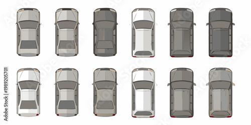 Overhead view of various car models in a uniform arrangement