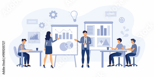Team brainstorming session with a presentation and data analysis charts