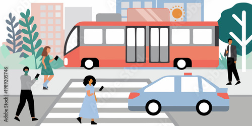 A red bus stops near a crosswalk with pedestrians and vehicles