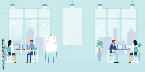 Modern office space depicts employees working at desks with plants