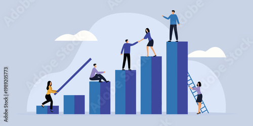 Teamwork and collaboration depicted with people climbing bar graph steps