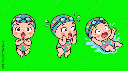 Cute Cartoon Swimmer Characters with Various Facial Expressions and Reactions.