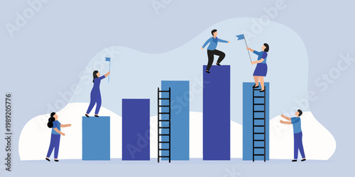 Teamwork and success concept with people climbing graph bars