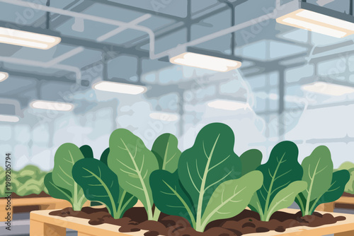 Cartoon greenhouse with leafy green plants in soil beds under artificial grow lights and glass panels.