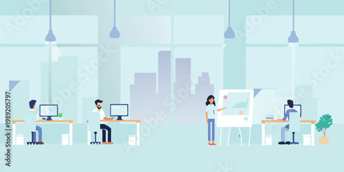 People collaborating in a modern open plan office with a city view