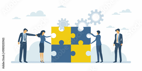 Business team collaborating to connect puzzle pieces symbolizing synergy