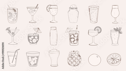 Collection of hand drawn cocktail glasses fruit and beverage illustrations
