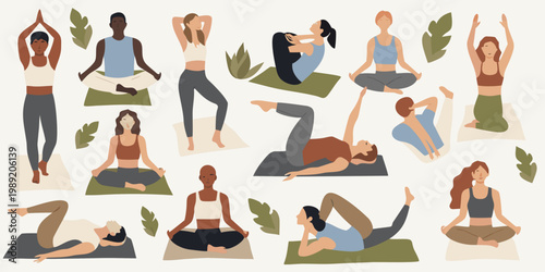 Diverse group of women practicing various yoga poses and mindfulness exercises