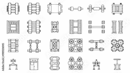 Technical blueprint displaying various train components and mechanical parts