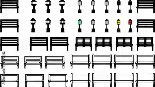 Collection of stylized park benches street lamps and traffic signals