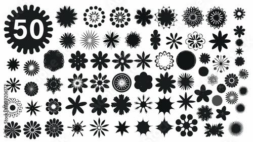Collection of diverse black floral silhouettes and a number fifty icon