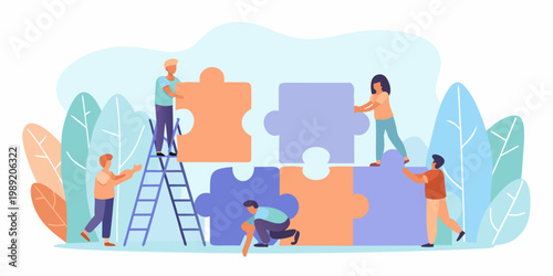 Teamwork concept diverse people collaborating to fit puzzle pieces together