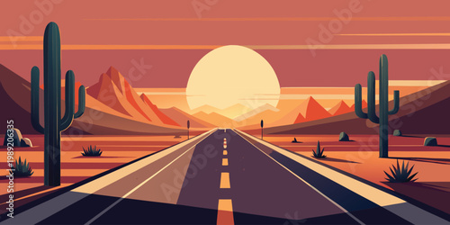 Minimal sunset highway scene in desert, cactus plants, geometric hillsMinimal sunset highway scene in desert, cactus plants, geometric hills