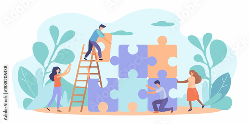 Teamwork and problem solving illustrated with puzzle pieces and diverse people