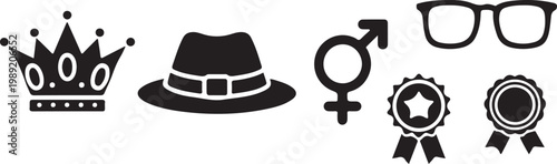 Womens rights vector icons set with crown hat gender symbol and glasses black silhouette. Crown, Hat, Gender Symbol, Glasses & Badge Icons