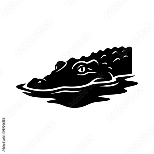 silhouette of a crocodile partially submerged in water. This minimalist design captures the essence of a hidden predator, representing mystery, patience, stealth, and vigilance