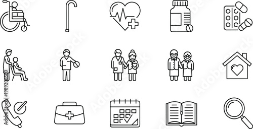 Icons representing various aspects of healthcare and elderly care services