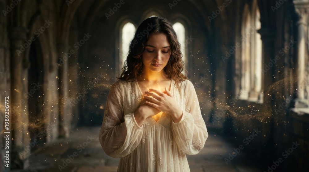 Fototapeta premium Young woman holding a glowing light in a dark ancient stone hallway