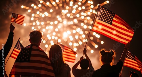 People celebrating with american flags watching fireworks display at night, symbolizing patriotism and national holidays like fourth of july