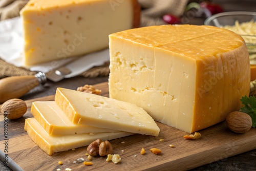 American Cheese Month A block of cheese and sliced cheese on a wooden cutting board with nuts and herbs