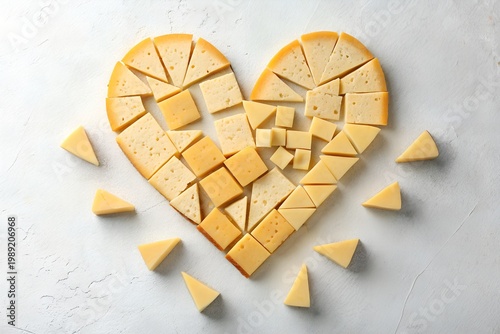 American Cheese Month A heart shape made of sliced cheese on a white surface