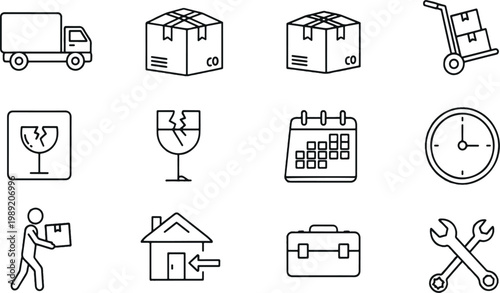 Icons representing various logistics, delivery, and home-related services and issues