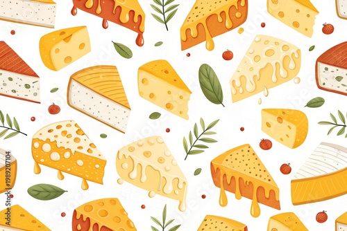 American Cheese Month A vibrant pattern of various cheeses and leaves on a white background