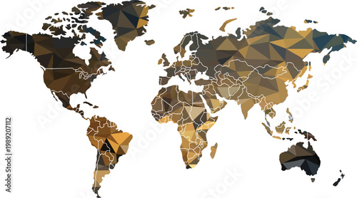 Geometric World Map Vector, Abstract Earth Continents, Polygonal Global Design, Brown Tones vector illustration