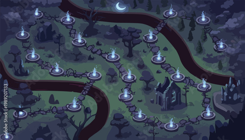 Spooky fantasy game map level selection screen, dark forest landscape with glowing blue portals, haunted graveyard world map vector illustration