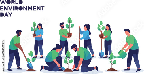 World Environment Day vector illustration, diverse people planting trees for a greener future, eco friendly community gardening and reforestation concept