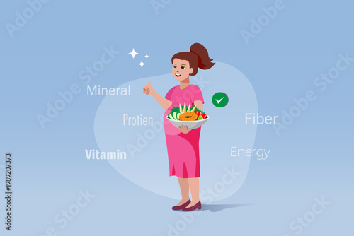 Pregnant woman holding healthy foods bowl with thumb up. Nutrition foods for pregnancy woman. Vector.