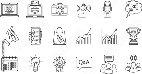Illustrations depicting various digital marketing and content creation activities