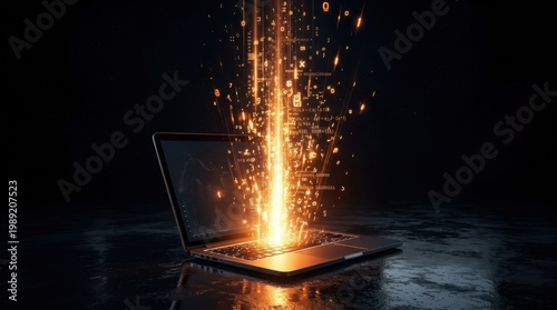Laptop computer with bright orange light and sparks bursting from screen