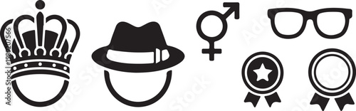 Womens rights vector icons set with crown hat gender symbol and glasses black silhouette. Crown, Hat, Gender Symbol, Glasses & Badge Icons