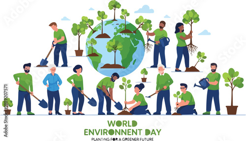 World Environment Day vector illustration, diverse people planting trees for a greener future, eco friendly community reforestation concept