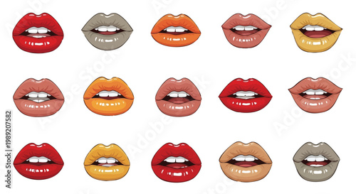 A collection of colorful lip illustrations featuring various shades and expressions for beauty.