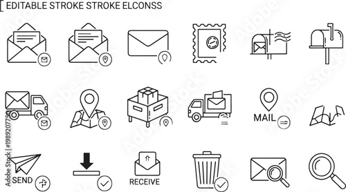 Collection of editable stroke icons representing various mail and delivery concepts