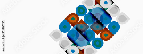 Abstract pattern features rounded rectangles, overlapping colors. Blue, orange, green hues dominate white background. Simple geometric design.