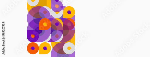 Abstract composition featuring overlapping circles. Orange, purple hues dominate white background. Modern design, simple geometry.