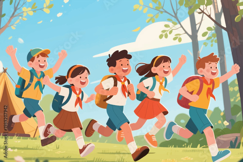 Cartoon children in school uniforms running outdoors with backpacks in sunny park with tent.